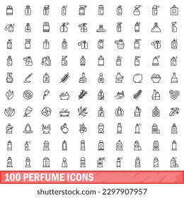 100 perfume icons set. Outline illustration of 100 perfume icons vector set isolated on white background