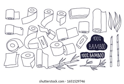 100 persent bamboo set isolated on white background. Eco friendly toilet paper and napkins collection. Vector  hand drawn illustration.