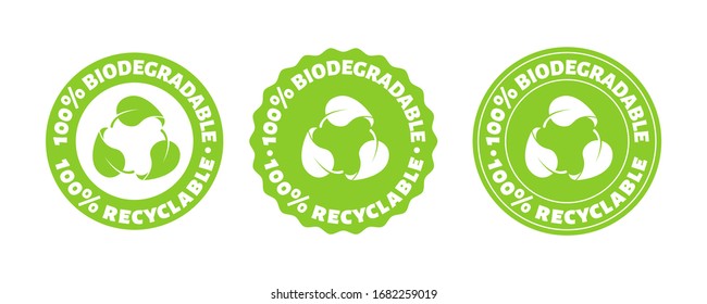 100 persent biodegradable recycle stamp. Vector reusable plastic bio package logo icon set. Eco sign