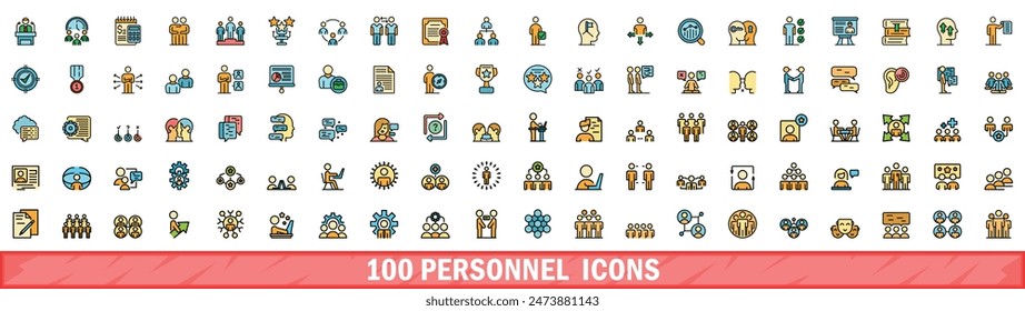 100 iconos de personal. Conjunto de línea de color de iconos vectoriales de personal línea fina de color plana en blanco