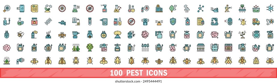 100 pest icons set. Color line set of pest vector icons thin line color flat on white