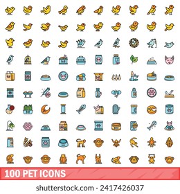 100 pet icons set. Color line set of pet vector icons thin line color flat on white