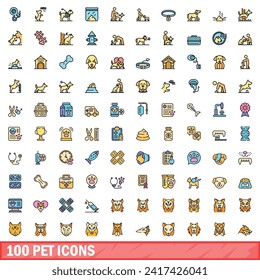 100 pet icons set. Color line set of pet vector icons thin line color flat on white