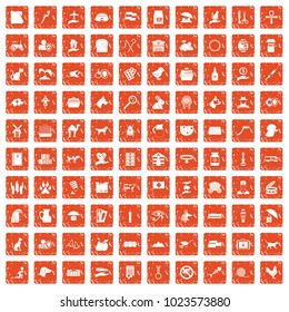 100 pets icons set in grunge style orange color isolated on white background vector illustration