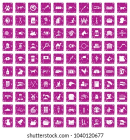 100 pets icons set in grunge style pink color isolated on white background vector illustration