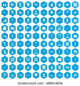 100 pharmacy icons set in blue hexagon isolated vector illustration