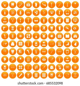 100 pharmacy icons set in orange circle isolated on white vector illustration