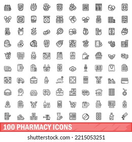 100 pharmacy icons set. Outline illustration of 100 pharmacy icons vector set isolated on white background