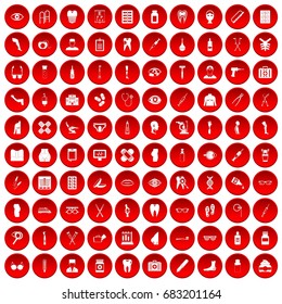100 pharmacy icons set in red circle isolated on white vector illustration