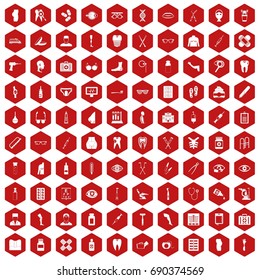 100 pharmacy icons set in red hexagon isolated vector illustration