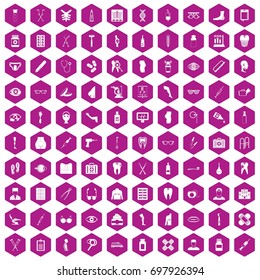 100 pharmacy icons set in violet hexagon isolated vector illustration