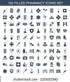 100 pharmacy icons. Trendy pharmacy icons white background. Included filled icons such as injection, test tube, pipette, virus and pills, health insurance. pharmacy icon for web and mobile.