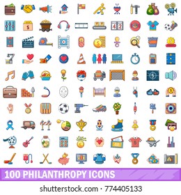 100 philanthropy icons set. Cartoon illustration of 100 philanthropy vector icons isolated on white background