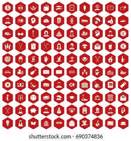 100 philanthropy icons set in red hexagon isolated vector illustration