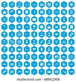 100 photo icons set in blue hexagon isolated vector illustration
