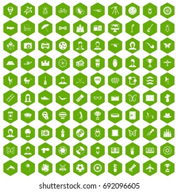 100 photo icons set in green hexagon isolated vector illustration