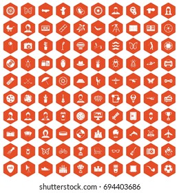 100 photo icons set in orange hexagon isolated vector illustration