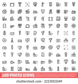 100 photo icons set. Outline illustration of 100 photo icons vector set isolated on white background