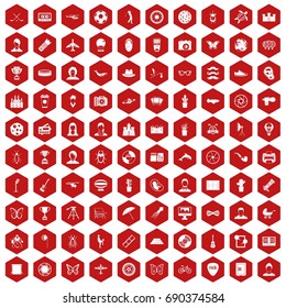 100 photo icons set in red hexagon isolated vector illustration