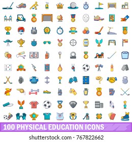 100 physical education icons set. Cartoon illustration of 100 physical education vector icons isolated on white background