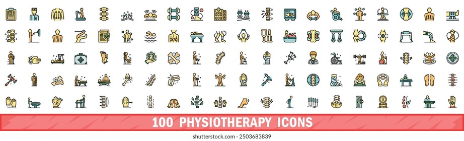 100 physiotherapy icons set. Color line set of physiotherapy vector icons thin line color flat on white