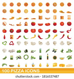 100 pizza icons set. Cartoon illustration of 100 pizza icons vector set isolated on white background