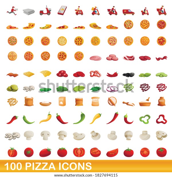 100 pizza icons set. Cartoon\
illustration of 100 pizza icons vector set isolated on white\
background