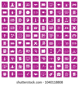 100 plan icons set in grunge style pink color isolated on white background vector illustration