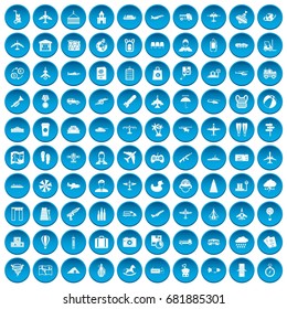 100 plane icons set in blue circle isolated on white vector illustration