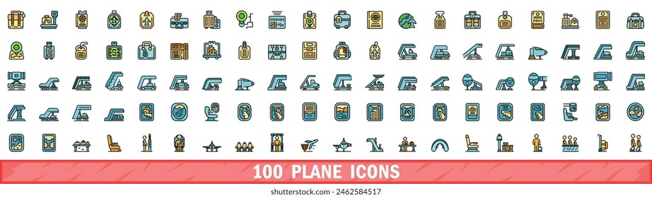 100 iconos de plano. Conjunto de línea de color de iconos de vector de plano línea fina color plano sobre blanco