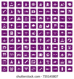 100 plane icons set in grunge style purple color isolated on white background vector illustration