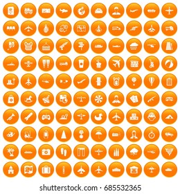 100 plane icons set in orange circle isolated on white vector illustration