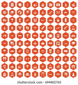 100 plane icons set in orange hexagon isolated vector illustration