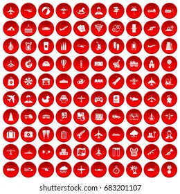 100 plane icons set in red circle isolated on white vector illustration