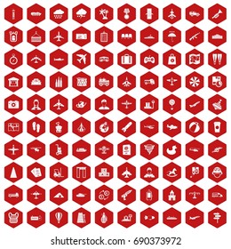 100 plane icons set in red hexagon isolated vector illustration