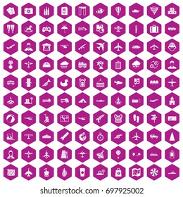 100 plane icons set in violet hexagon isolated vector illustration