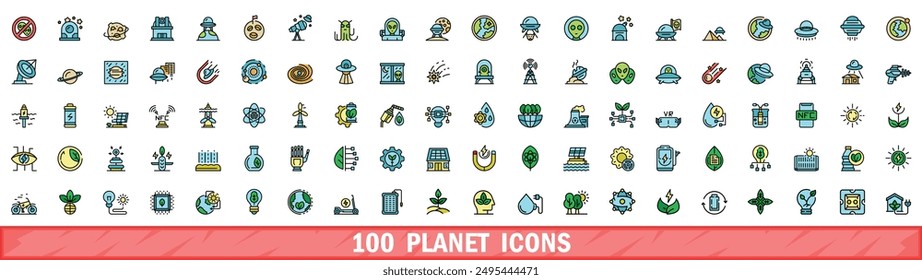 100 planet icons set. Color line set of planet vector icons thin line color flat on white