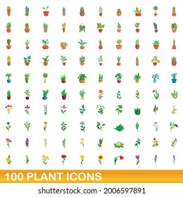 100 plant icons set. Cartoon illustration of 100 plant icons vector set isolated on white background