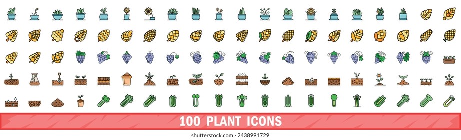 100 plant icons set. Color line set of plant vector icons thin line color flat on white