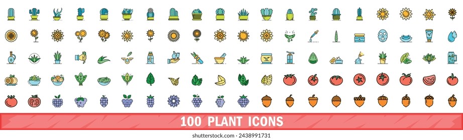 100 plant icons set. Color line set of plant vector icons thin line color flat on white