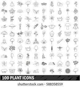 100 plant icons set in outline style for any design vector illustration