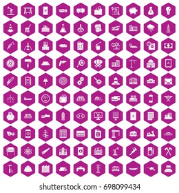 100 plant icons set in violet hexagon isolated vector illustration