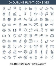 100 plant icons. Trendy plant icons white background. Included outline icons such as rose, Clover, flower pot, flower, paper press, lemon, greenohuse. plant icon for web and mobile.