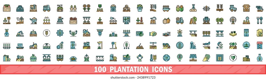 100 plantation icons set. Color line set of plantation vector icons thin line color flat on white