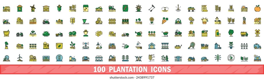 100 plantation icons set. Color line set of plantation vector icons thin line color flat on white