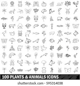 100 plants and animals  icons set in outline style for any design vector illustration