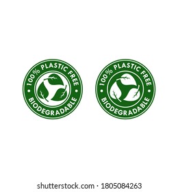 Ilustración 100% de placa de plástico libre de placa. Logotipo del sello de hoja verde del paquete ecológico reciclable