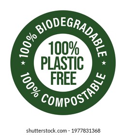 100% plastic free, 100% biodegradable, 100% compostable vector icon 