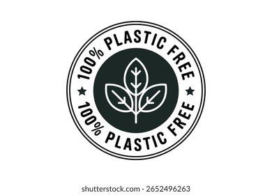 100% Plastic Free stamp with leaves in the center. Eco-friendly, sustainable, and environmentally conscious product label.