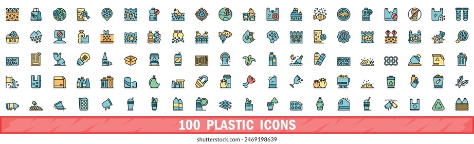 100 iconos de plástico conjunto. Conjunto de línea de color de iconos vectoriales de plástico línea fina de color plana en blanco